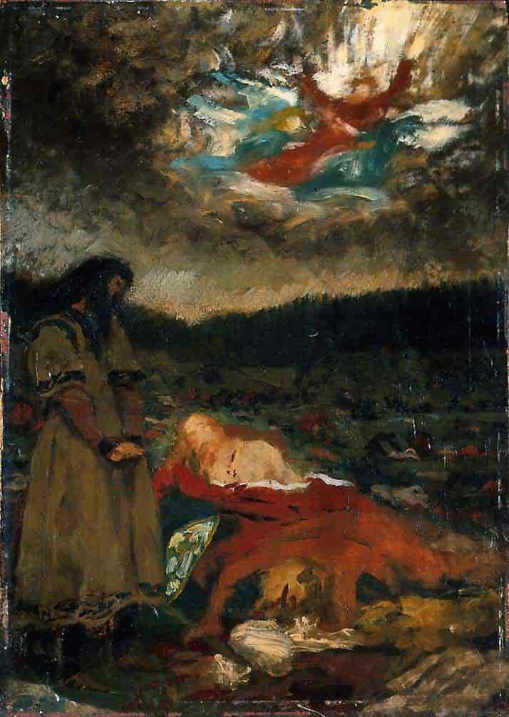 Oljemåleri av Olaf Isaachsen (1835–93): «Tore Hund ved Olav den helliges lik» (1881).
