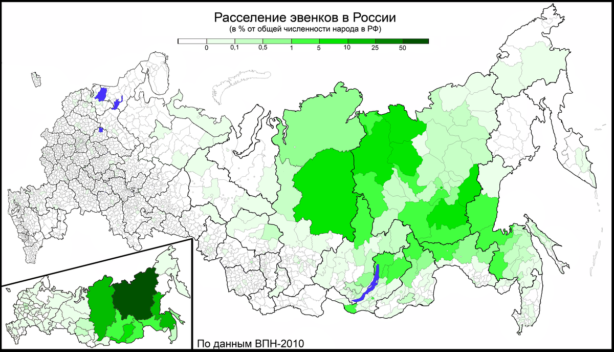 Utbreiinga til evenkane i Russland i 2010. Fargen fortel kor mange prosent dei utgjer av folkesetnaden i ulike område.