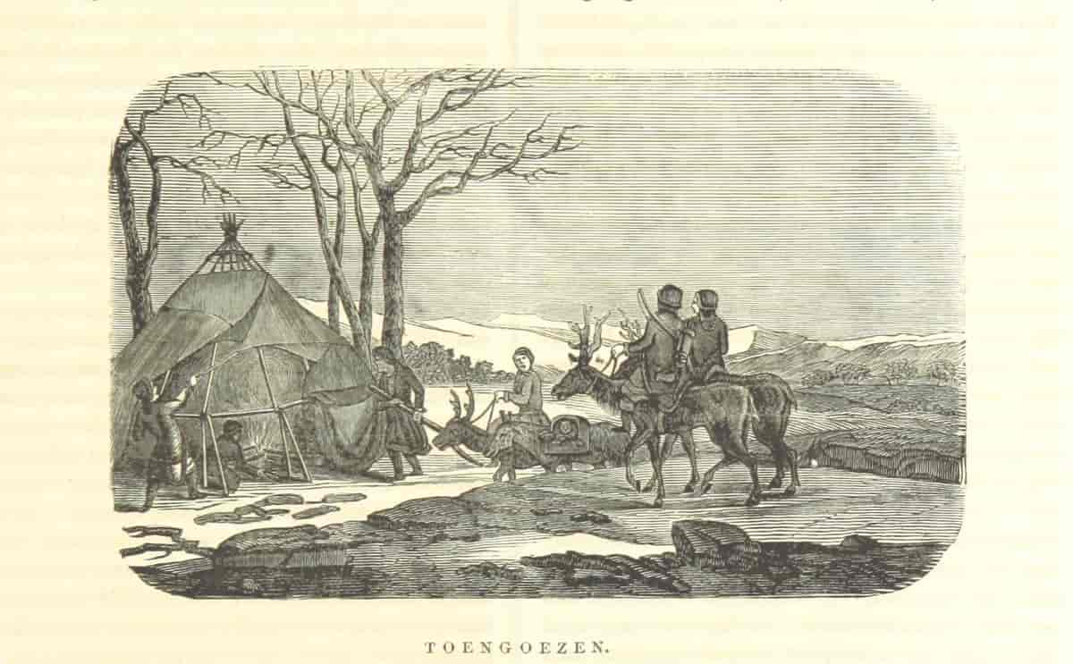 Teikning frå 1839 som viser evenkar som kjem ridande på reinsdyr til eit evenkisk telt