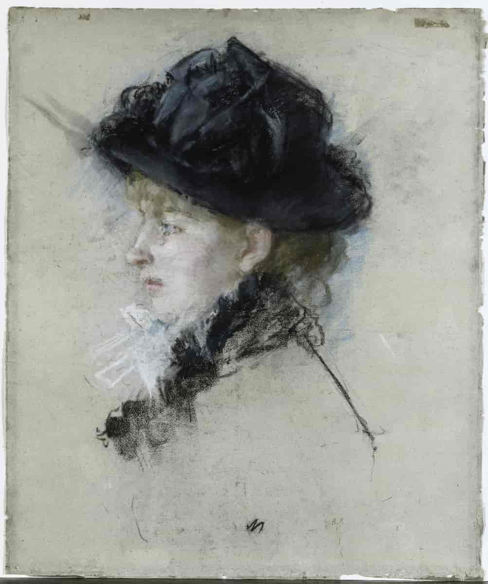 Frøken Riesener i hatt, pastell på lyseblått papir, ca. 1880. Mål 55.5 x 46.8 cm.