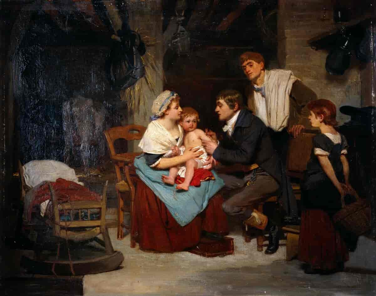 Edward Jenner vaksinerer en gutt. Oljemaleri av E.-E. Hillemacher, 1884.