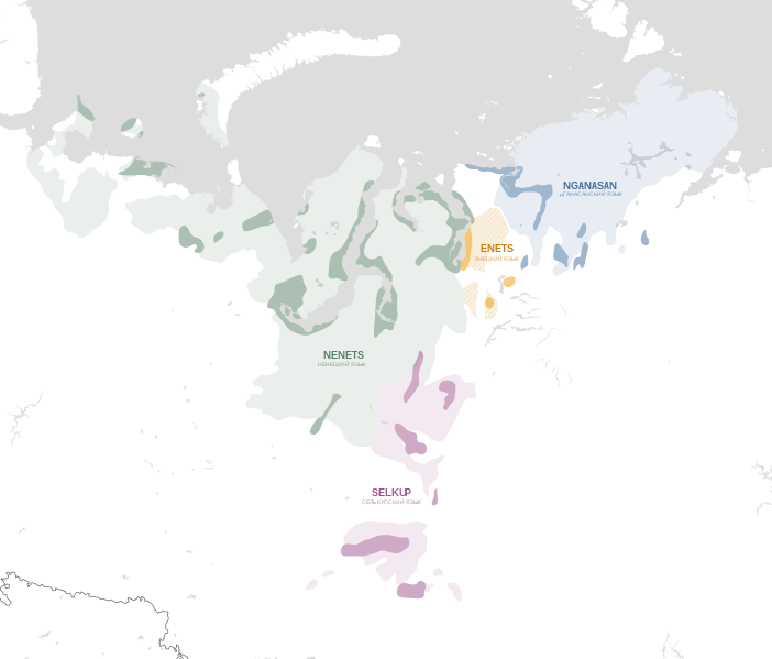 Den geografiske utbreiinga til dei fire levande samojediske språka.