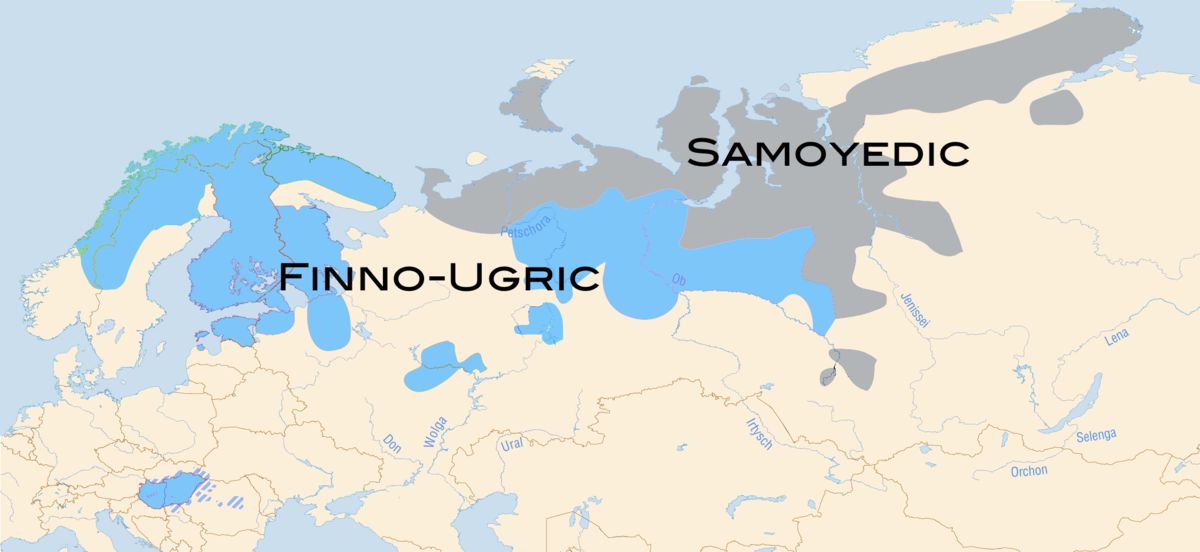 Kartet viser den omtrentlege utbreiinga til dei uralske språka.