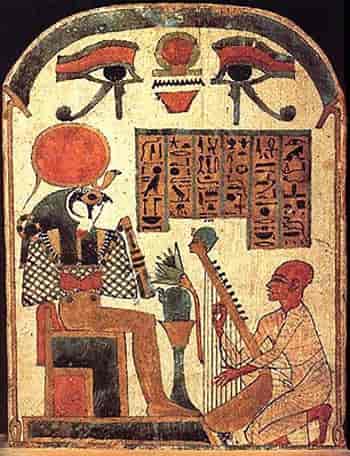 Guden Ra-Harkhty på sin trone. Bilde fra tredje mellomperiode (cirka 1090–718 fvt.)