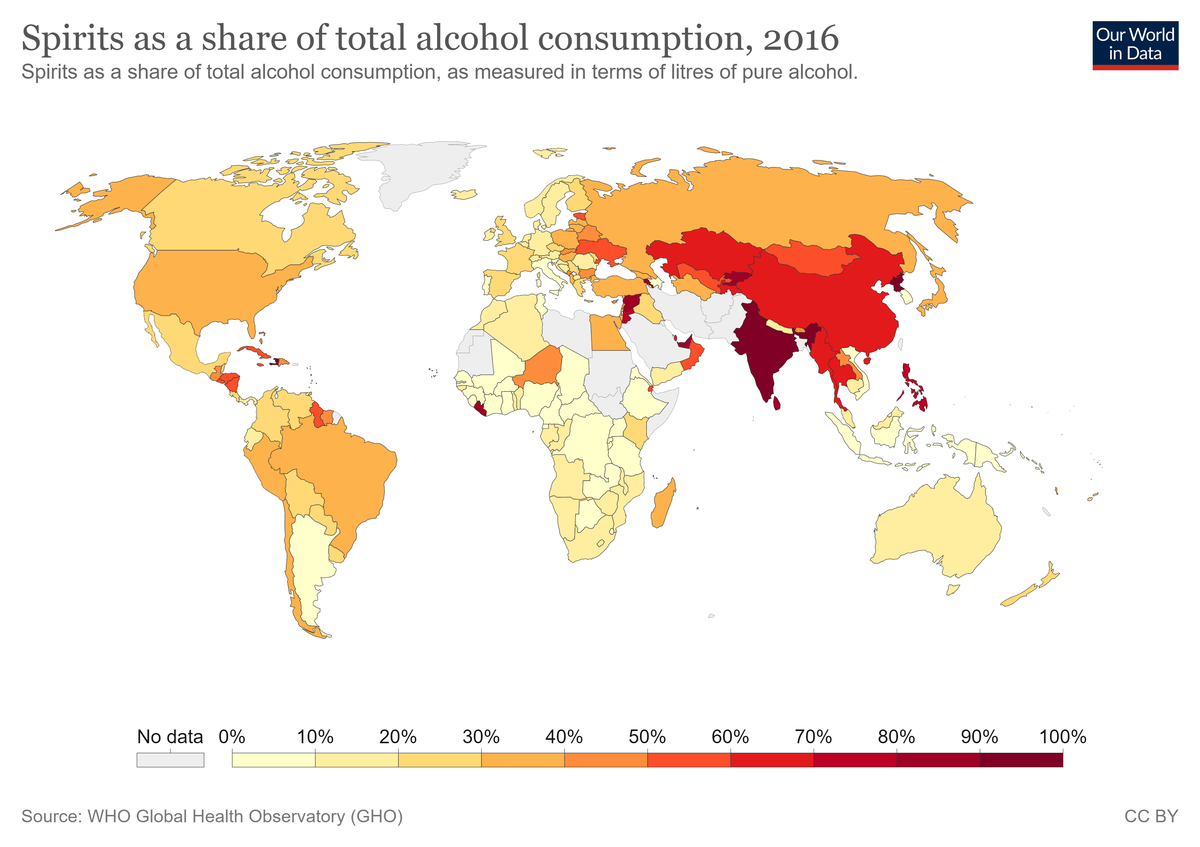 Verdens forbruk av sprit (brennevin)