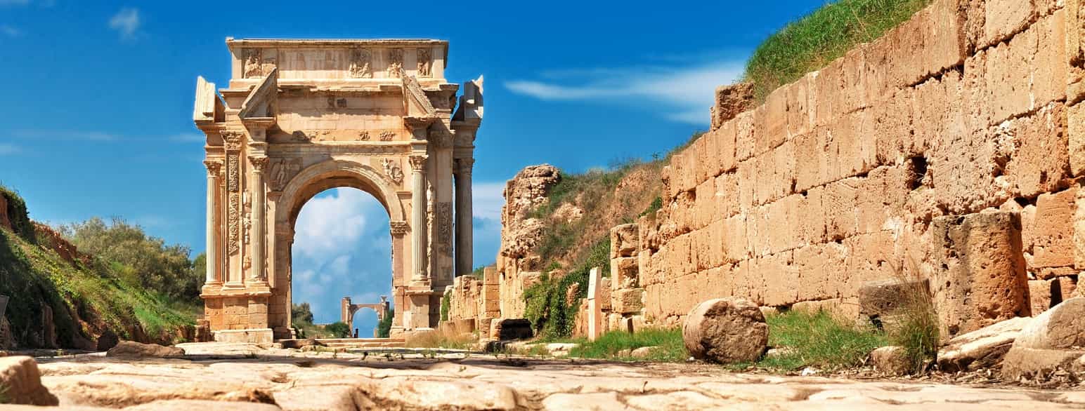 Den romerske ruinbyen Leptis Magna utenfor Tripoli.