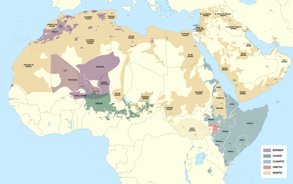 Kart over språk og språkgrupper som blir rekna som afroasiatiske.