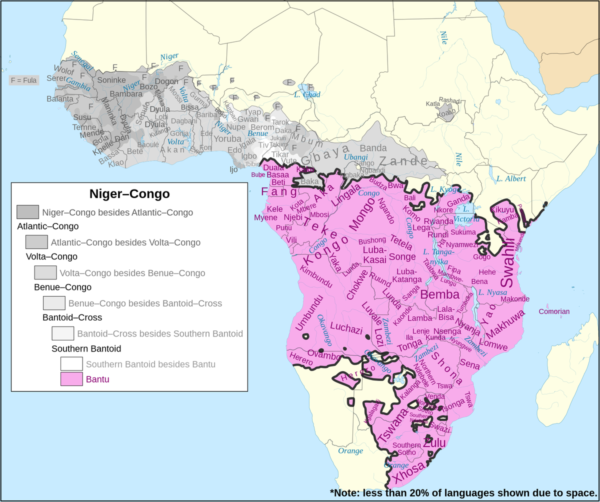 Kartet viser den geografiske utbreiinga til bantuspråka, markert med fiolett. Det grå området viser utbreiinga til andre niger-kongospråk.