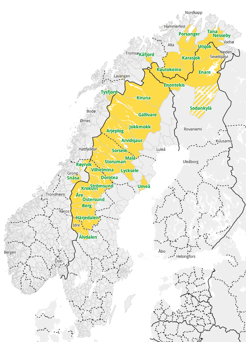 Samisk språkforvaltningsområde. Norge, Sverige og Finland.