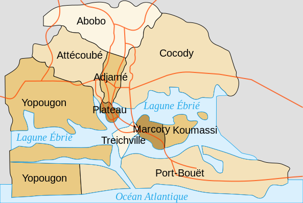 Kartskisse over Abidjan med viktigste bydeler