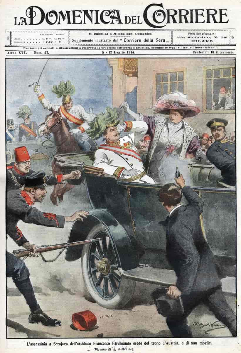 Princip, til høyre i bildet, skyter mot Franz Ferdinand og kona Sofie, som sitter i en hestevogn i midten av bildet. Til venstre i bildet styrter to soldater med gevær mot hestevogna. 