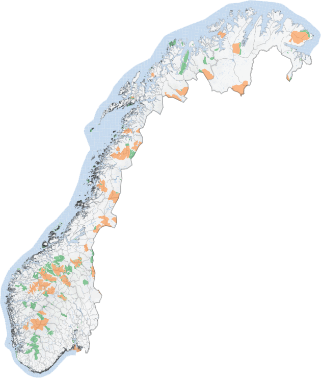 Nasjonalparker (oransje) og landskapsvernområder (grønne) i Norge
