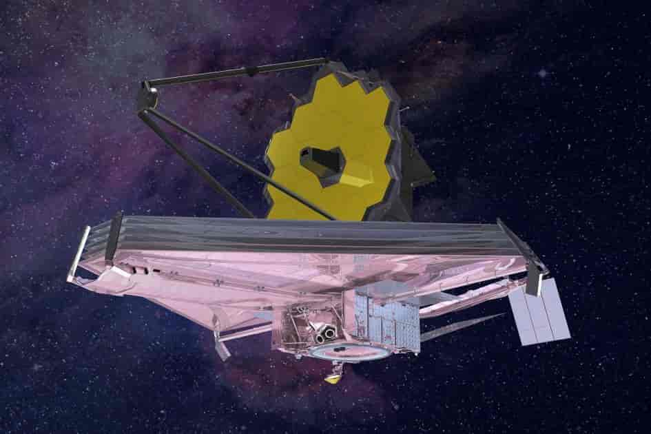 Tegning av James Webb Space Telescope med skjerm som beskytter teleskopet mot forstyrrende stråling fra sol, jord og måne. Teleskopet beveger seg i en elliptisk bane rundt Lagrange 2 punktet som ligger nær 1,5 millioner kilometer utenfor Jorden.