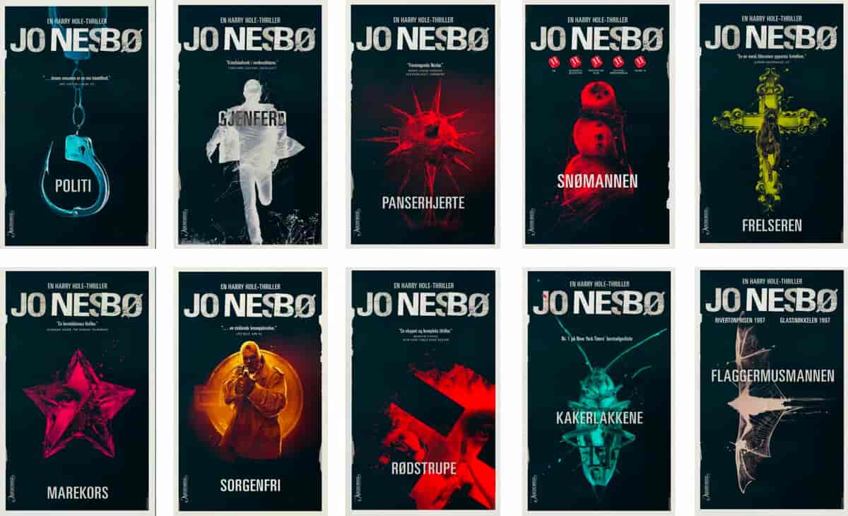 Omslag til ti av Jo Nesbøs bøker