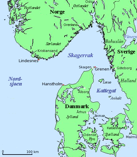 Kart over skagerrak og Kattegat, med Norge, Sverige og Danmark.