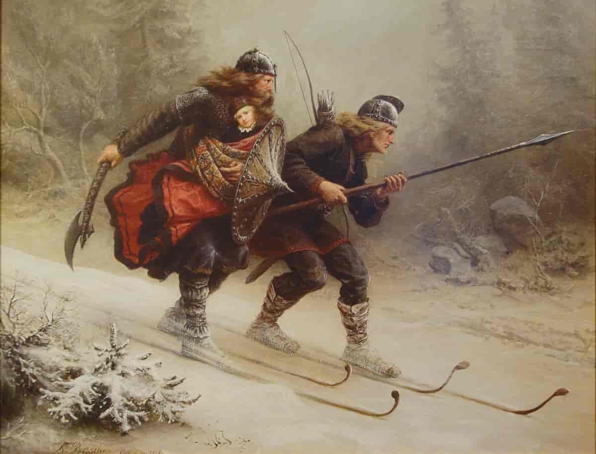 Birkebeinerne på ski over fjellet med kongsbarnet