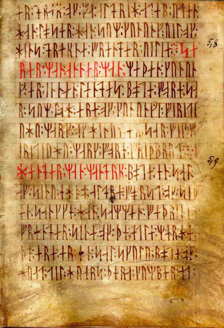 Fotografi av et gammelt dokument skrevet med runetegn