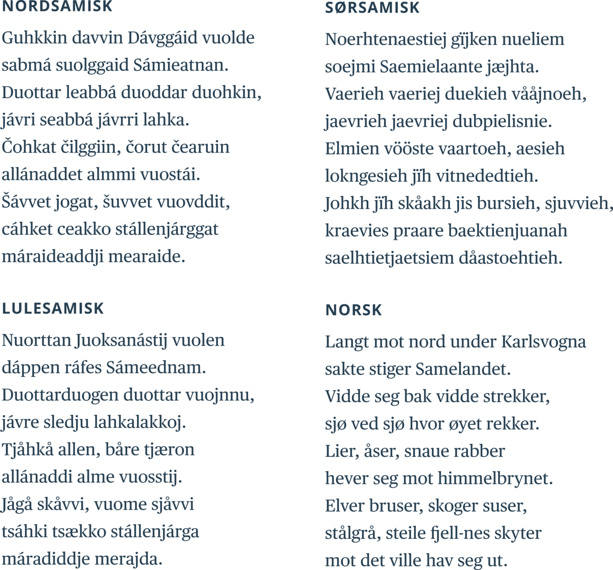 Første vers av den samiske nasjonalsangen på fire språk