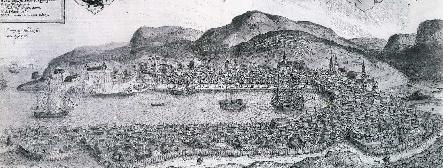 «Scholeusstikket» er det første kjente prospektet av Bergen, her 1580-versjonen