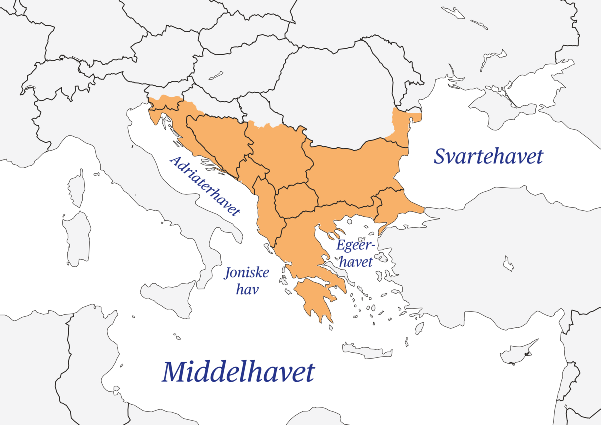 Sørøst-Europa med Balkanhalvøya markert i oransje