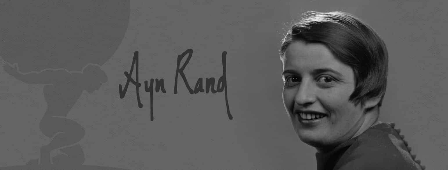 Ayn Rand i 1936 (montasje med signatur og Atlas)