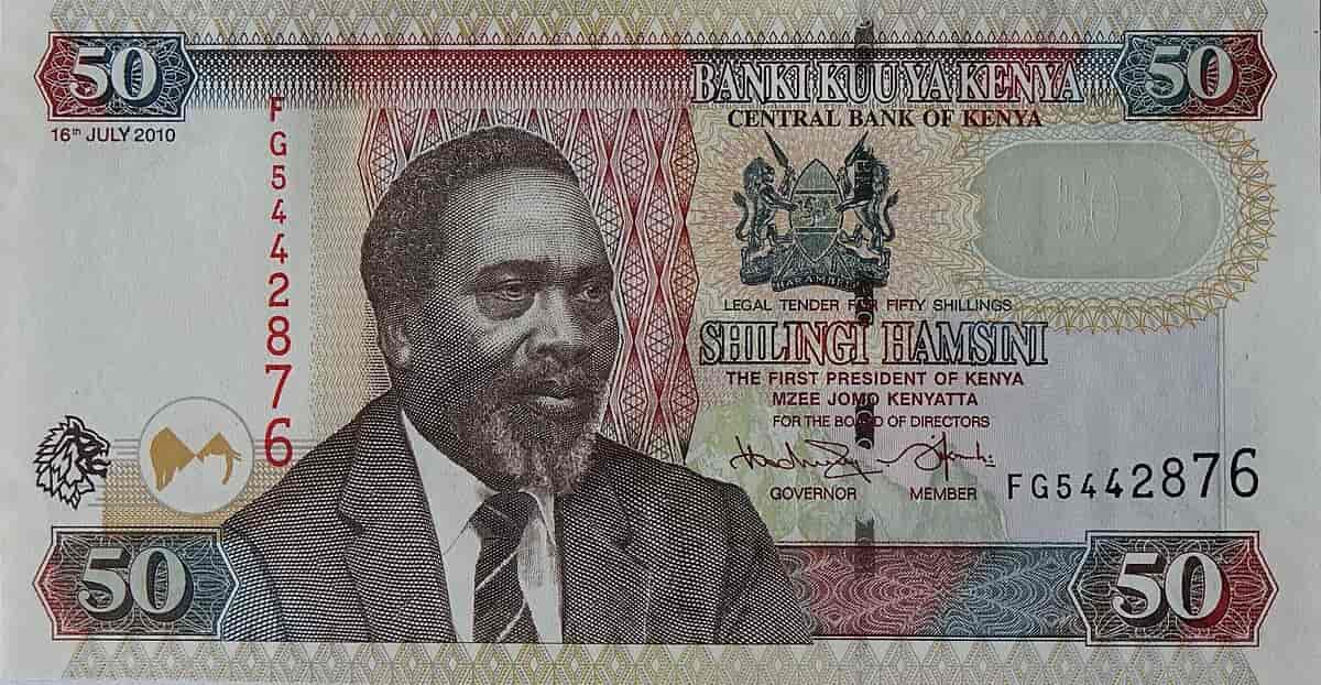 Kenyansk 50-shilling-seddel med bilde av Jomo Kenyatta 