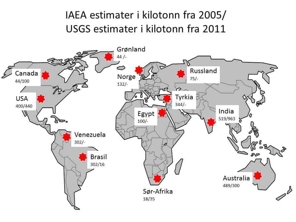 Figur 6. Registrerte forekomster av thorium globalt. Data, angitt i kilotonn, er fra IAEA (2005, første tall) og fra USGS (2011, andre tall eller manglende tall).).