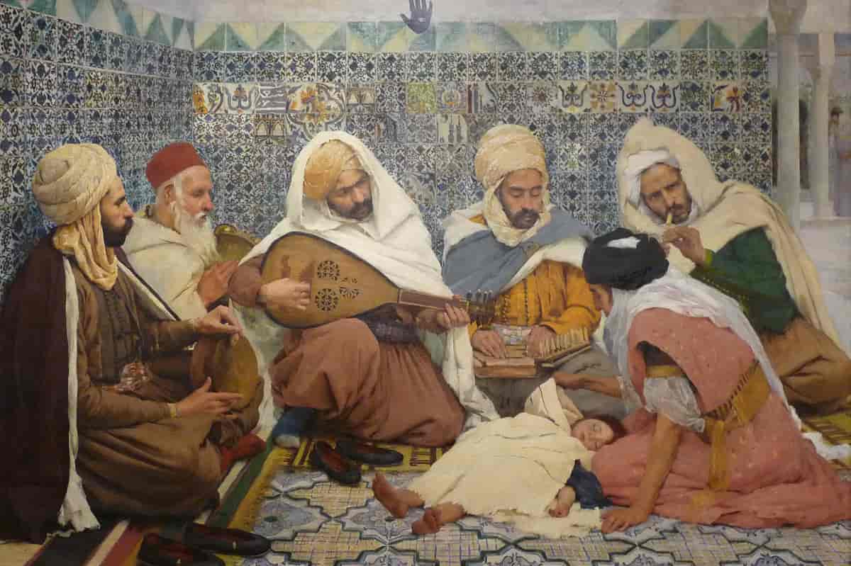 Fransk maleri av arabiske musikere og et lite barn.