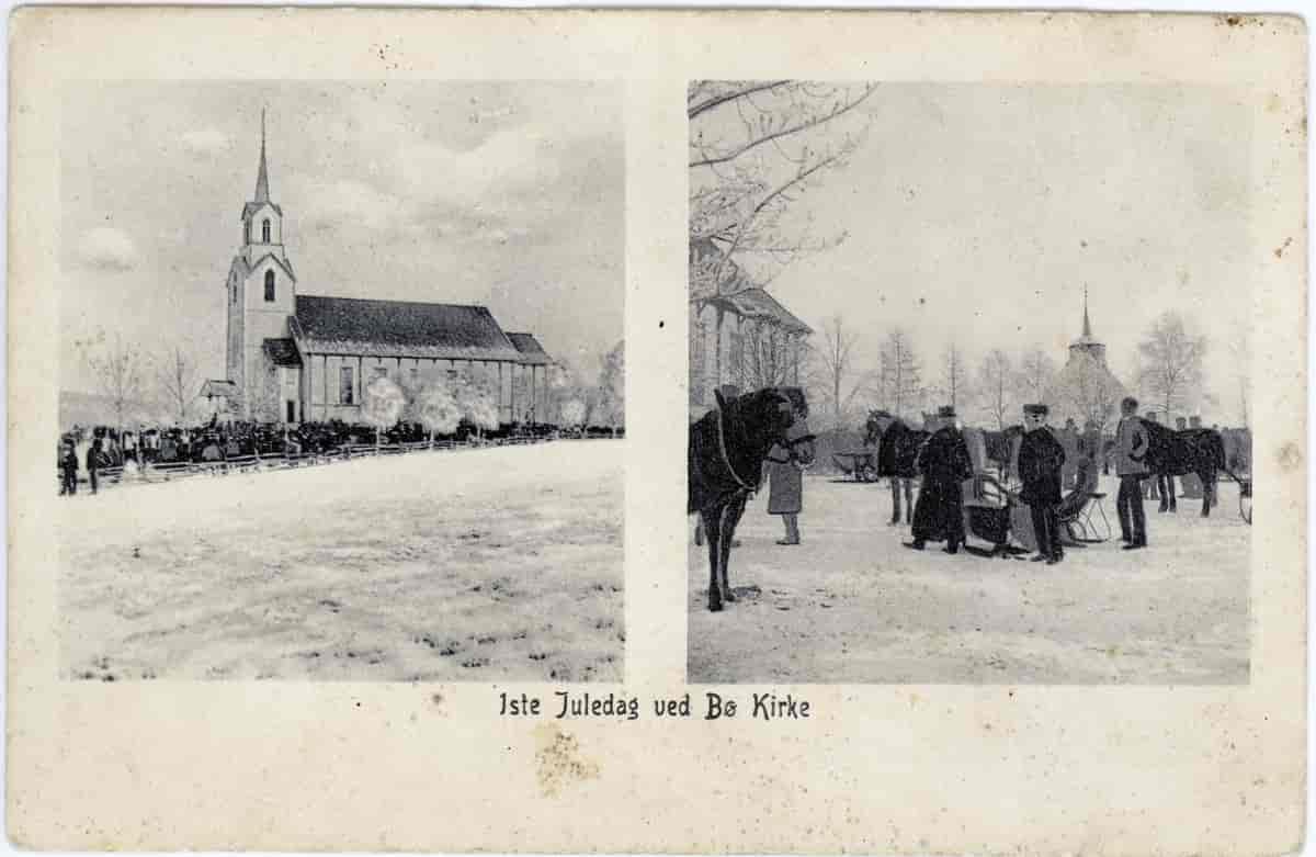 Postkort. Første juledag ved Bø kirke. 