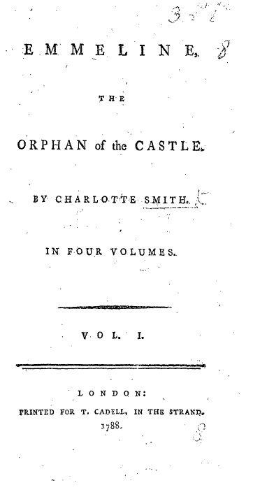 Tittelbladet til den første romanen Emmeline i 1788