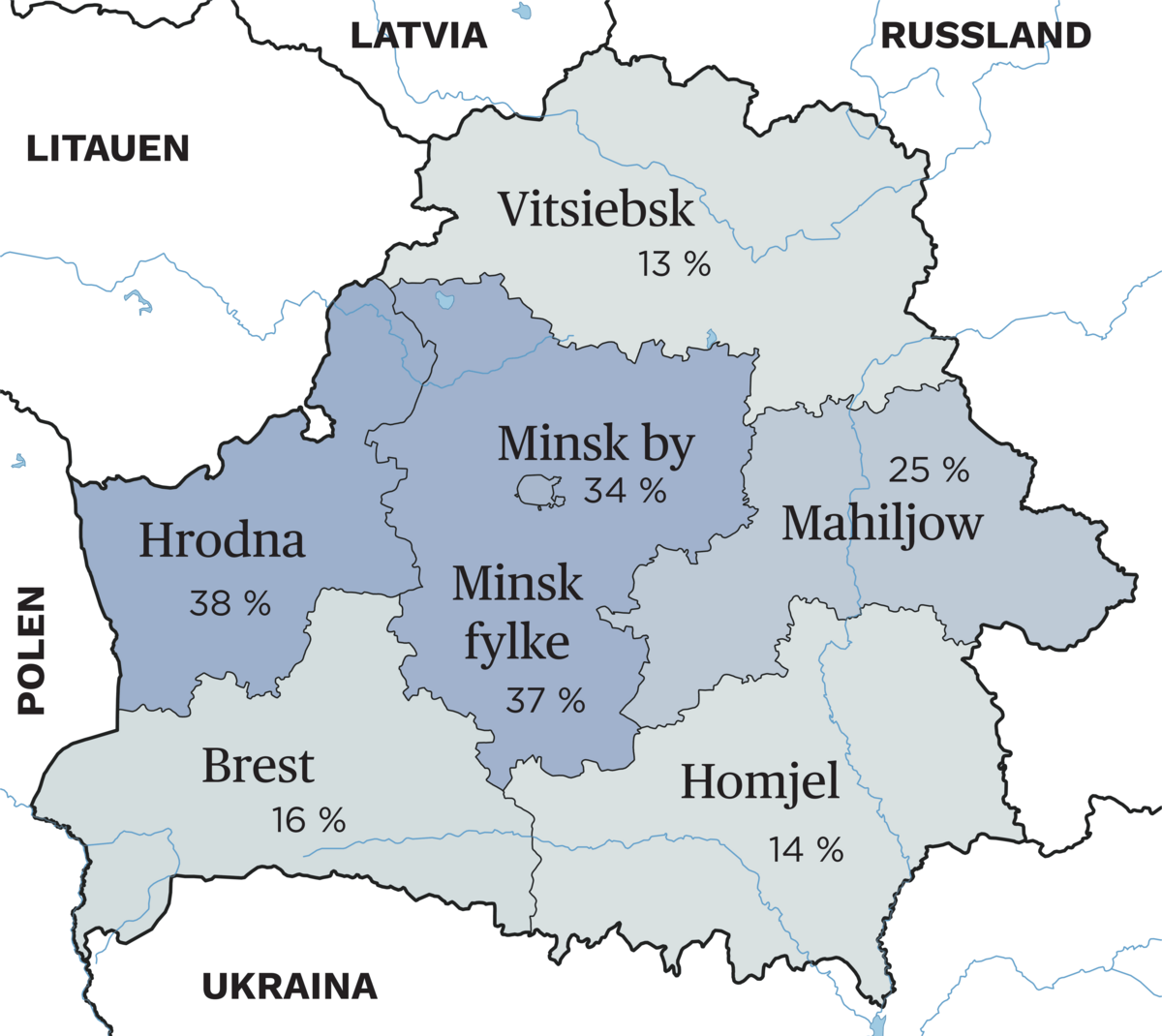 Bruk av belarusisk som det vanligste hjemmespråket (data fra folketelling i 2019)