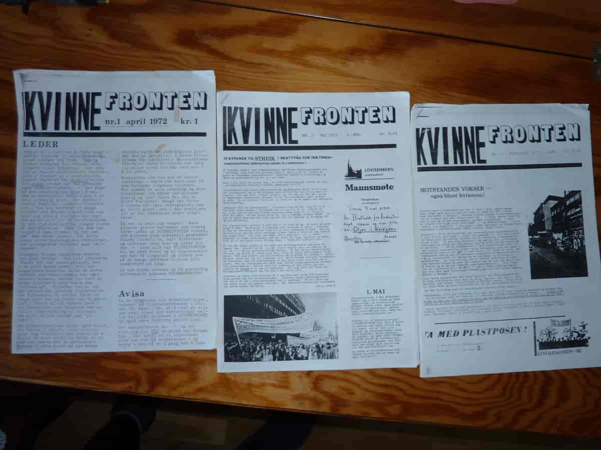 KVINNEFRONTEN (avisa til Kvinnefronten) sine første tre utgaver nr. 1 april 1972, nr. 2 april 1972, nr. 3 1972