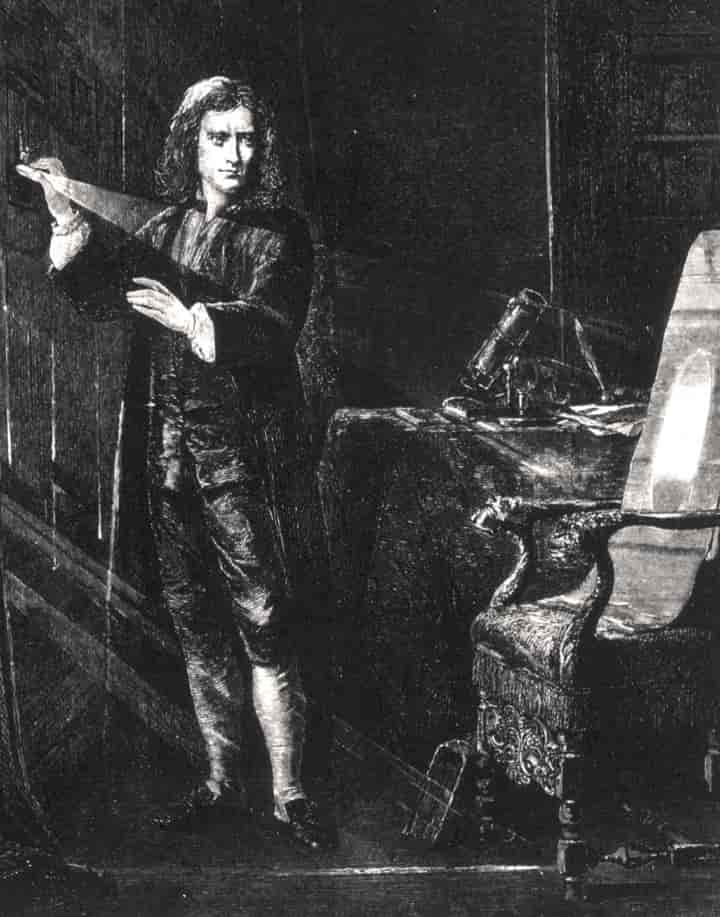 Tegning av Newton som retter en lysståle fra en vegg mot et speil som står på et bord. På bordet bak Newton kan man se flere forskjellige instrumenter som kan brukes til eksperimenter.