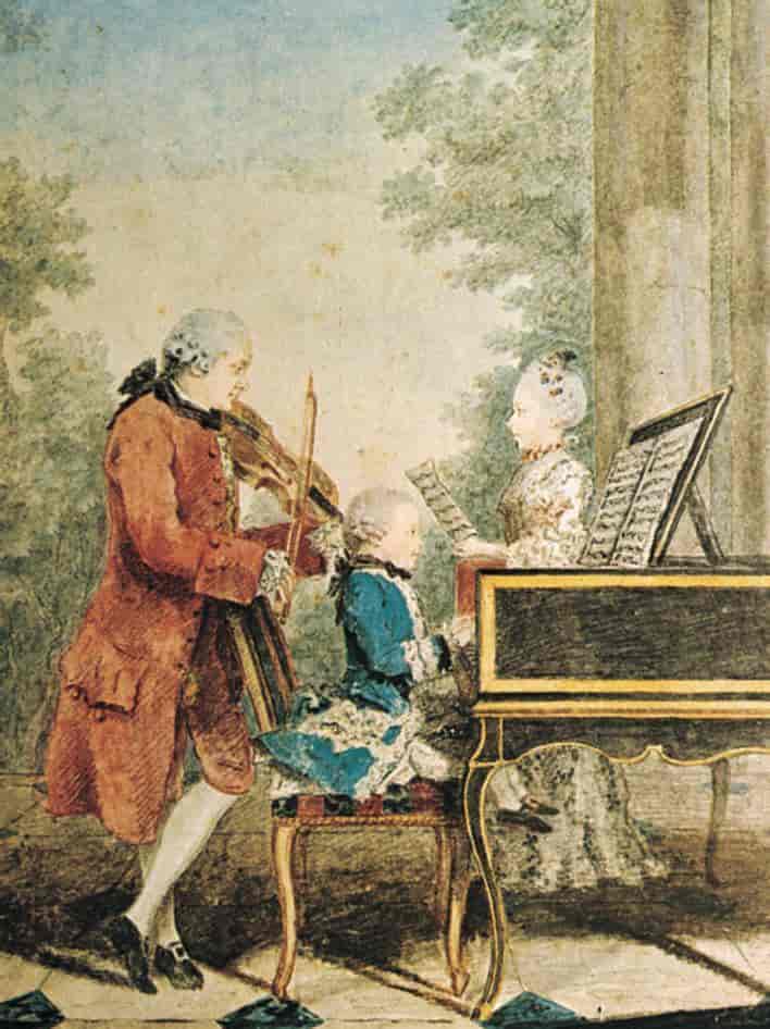 Maleri av Mozart, faren og søsteren.