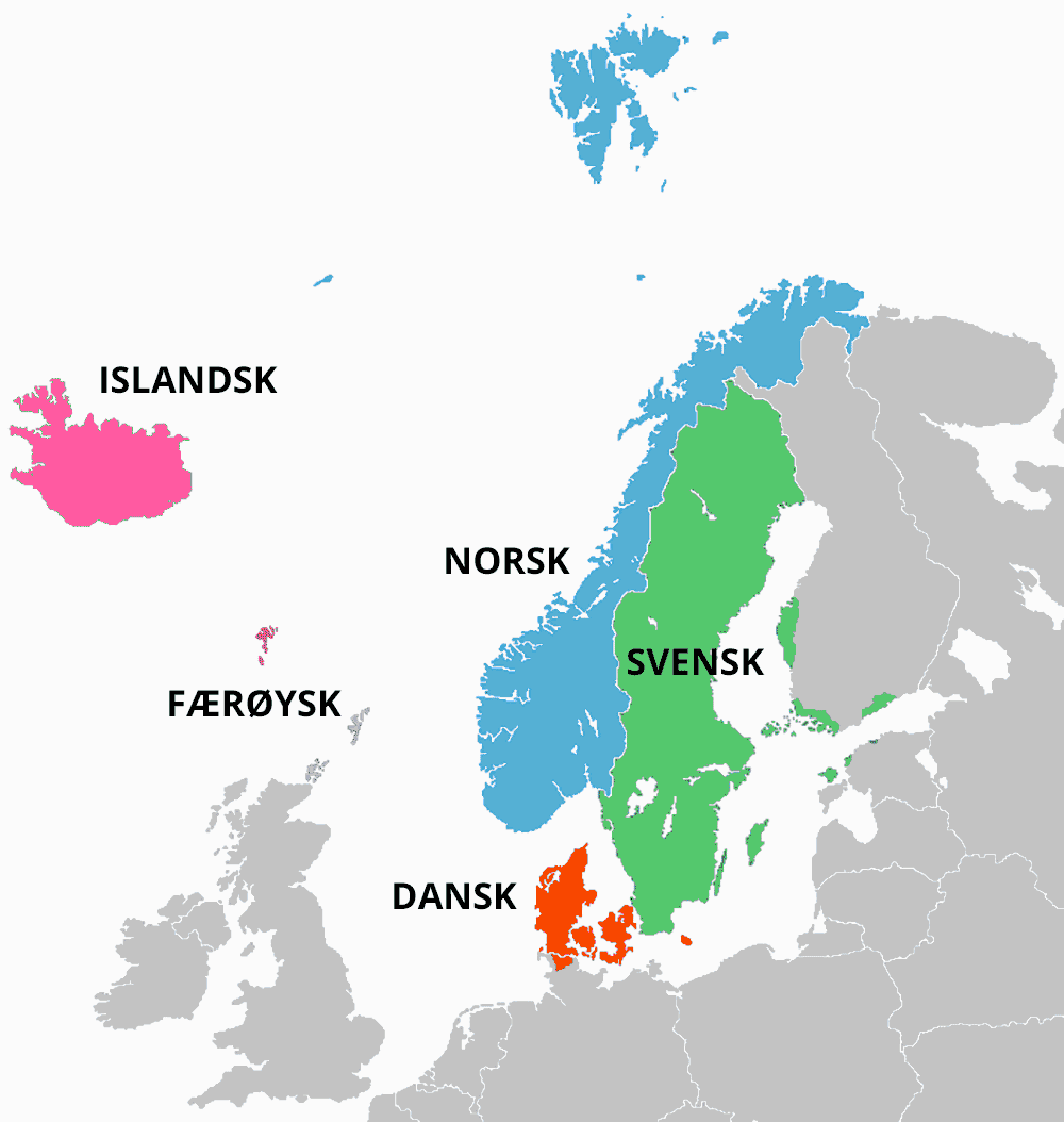 Kartet viser Dansk markert med rødt i Danmark, norsk markert med blått i Norge og på Svalbard, svensk markert med grønt i Sverige og islandsk markert med rosa på Island. Færøysk er markert med en mørkere rosa.