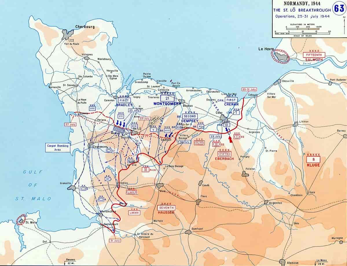 Fronten i Normandie slik den flyttet seg i tiden 25.-31. juli 1944 etter amerikanernes gjennombrudd ved Saint-Lô.