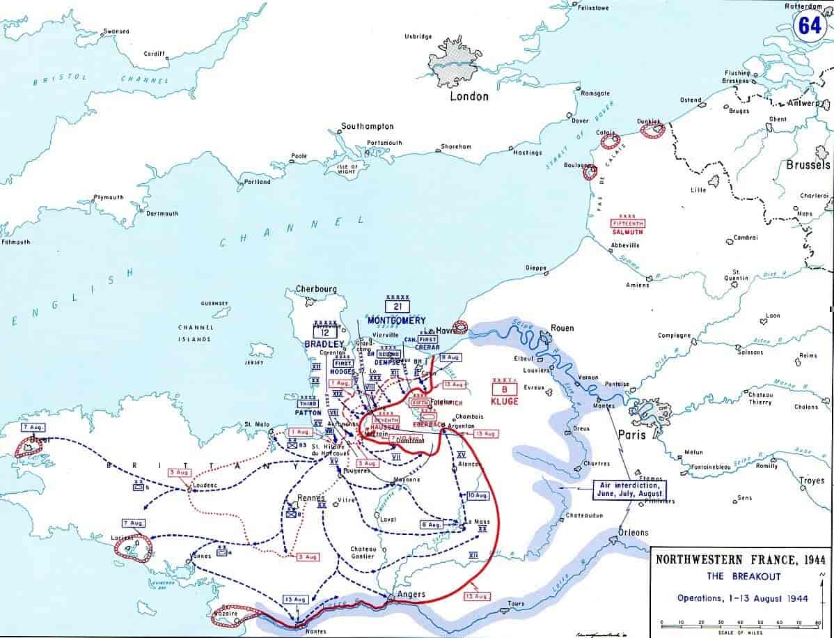 De allierte styrkenes fremrykking etter utbruddet fra Normandie i tiden 1.-13. august 1944. Amerikanernes offensiv vestover, samtidig med befrielsen av Bretagne, åpnet en uventet mulighet til å omringe den tyske styrken ved Normandie-fronten.