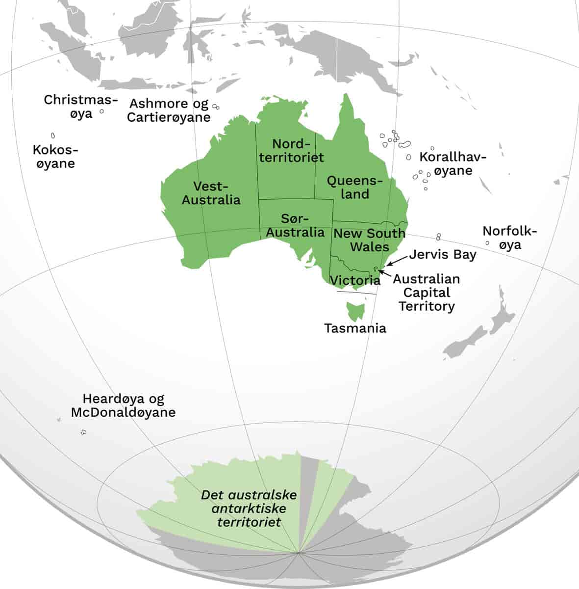 Australia med delstater, ytre og indre territorier