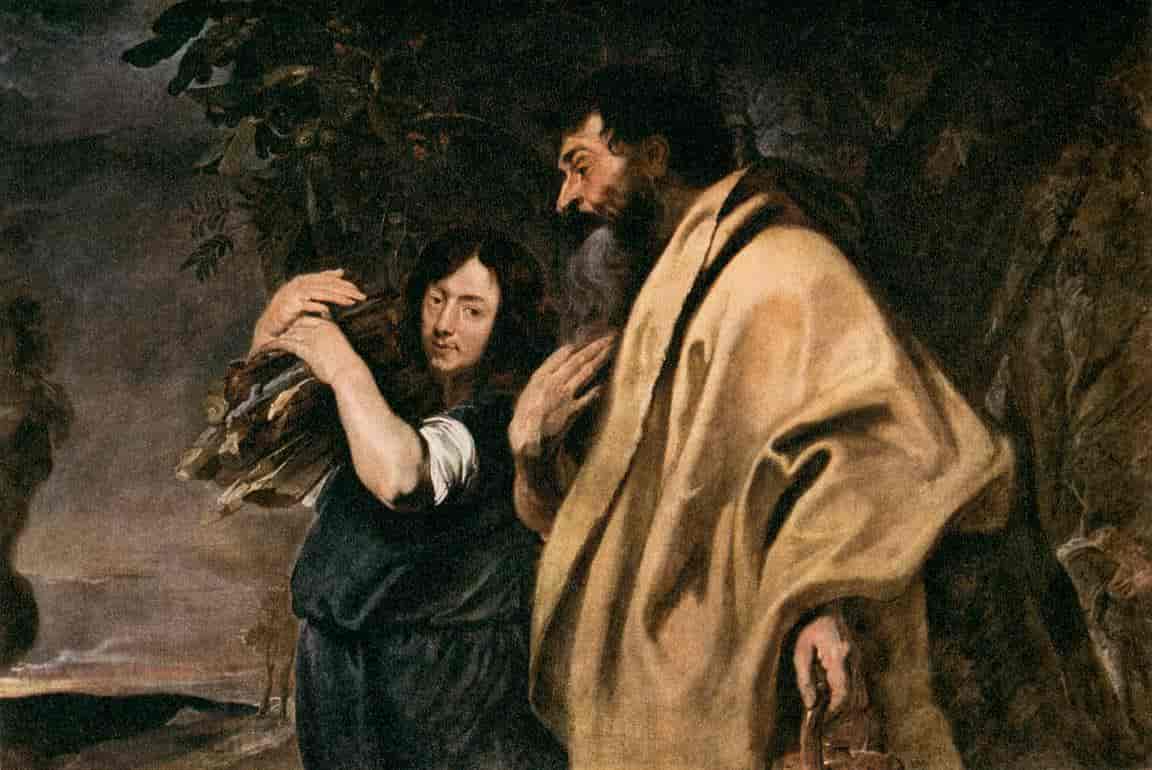 Maleri av en gutt som bærer en stabel med ved og en mann med mørkt hår og skjegg. Det er far Abraham og sønnen Isak.
