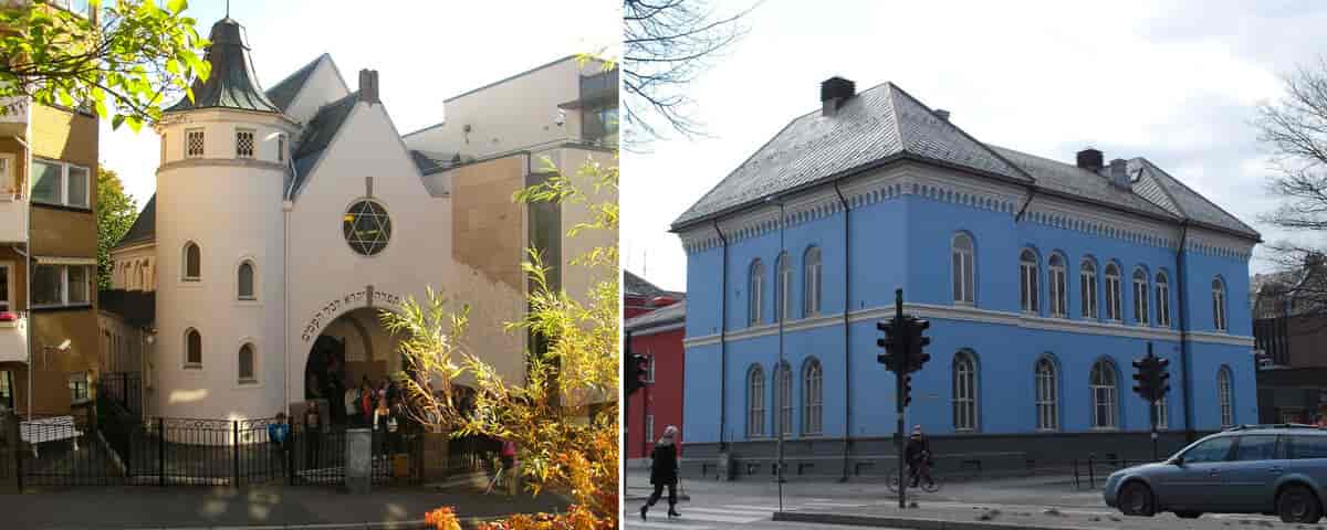 Bildet består av to bilder. Bildet til venstre er av synagogen i Oslo. Det er en hvit steinbygning med davidstjerne over inngangen og en halvsirkel med hebraisk skrift. Bildet til høyrer er synagogen i Trondheim. Det er en blå bygning uten noen tegn på at det er en synagoge.