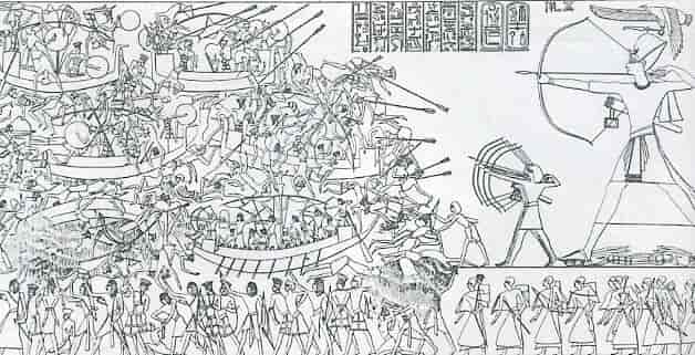 Avbildning av et slag mellom Ramses 3 og  havfolkene