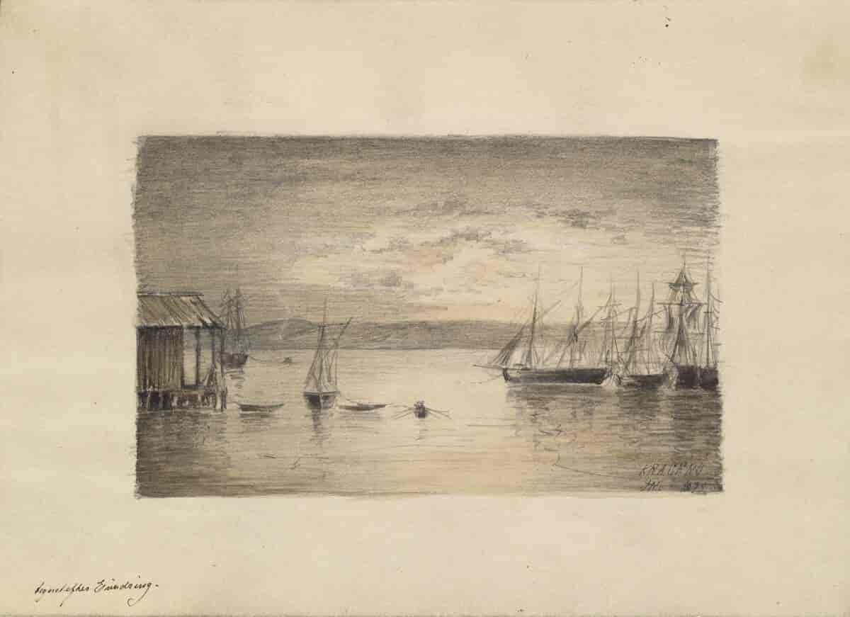 Skuter på reden, Kragerø, tegning av Theodor Kittelsen 1875