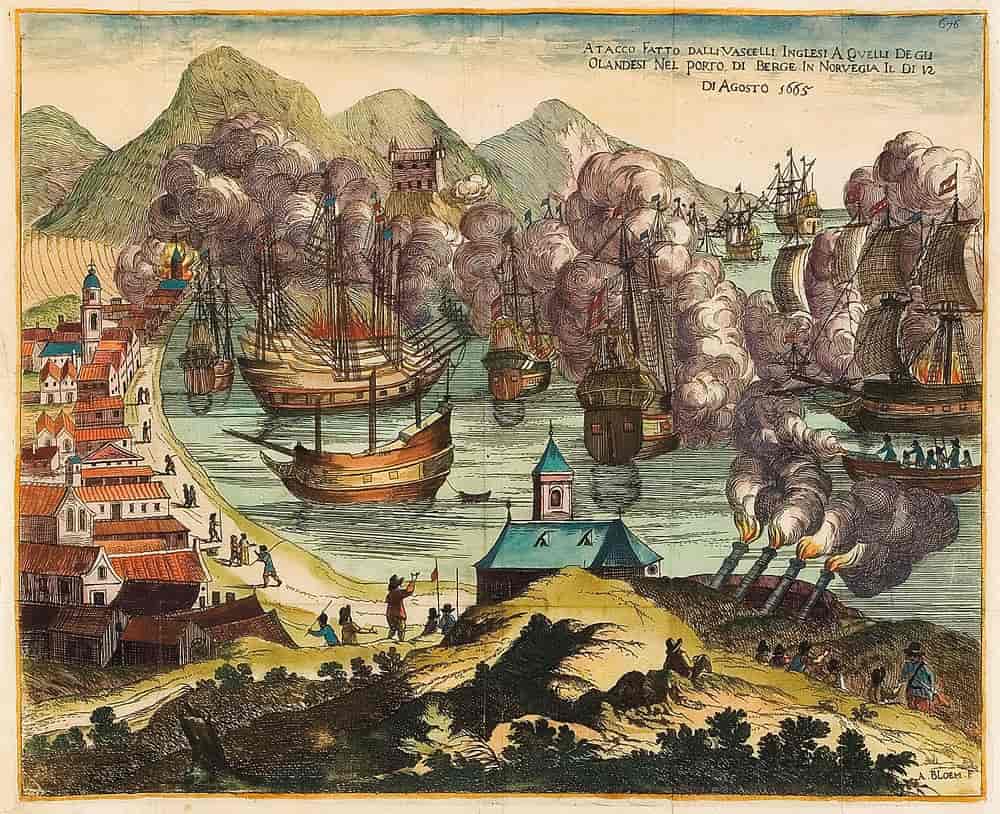 Slaget på Bergens våg, kolorert stikk fra 1670.