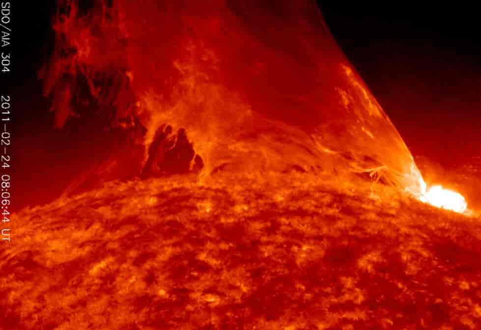 Et flareutbrudd i nærheten av en protuberans 24. februar 2011, observert med NASA’s Solar Dynamics Observatory, førte til at denne blir slynget ut i det interplanetariske rommet. 