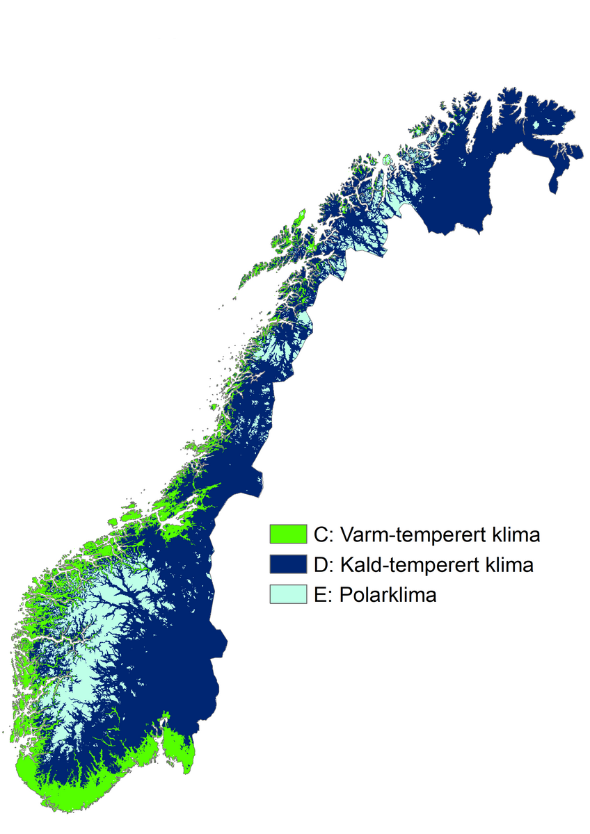 Kart over Norge som viser ulike typer klima.