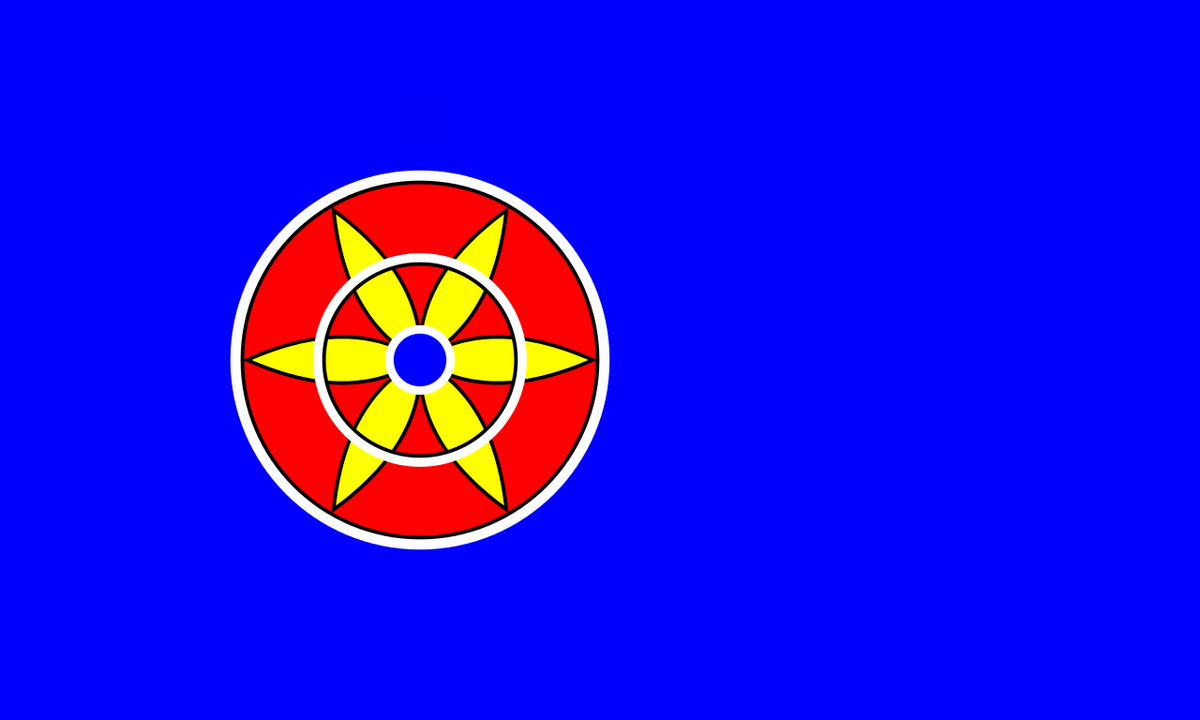 Et blått flagg med en rød sirkel, og en gul blomst inni sirkelen.
