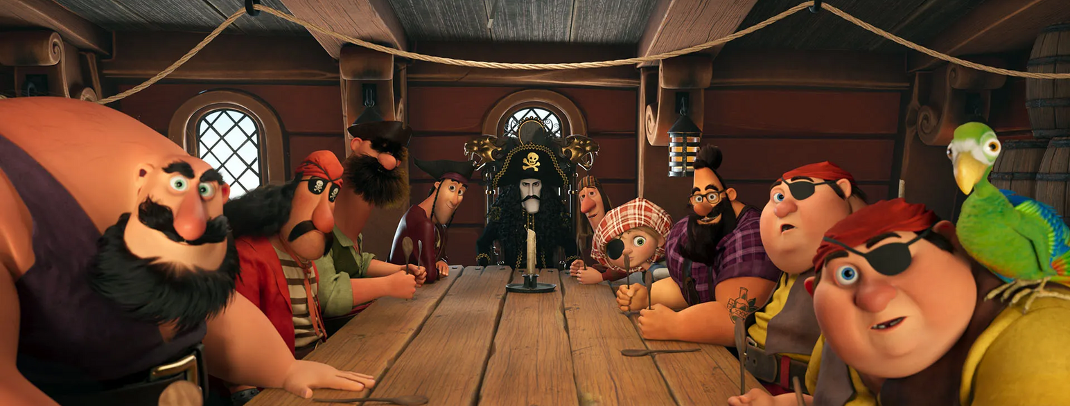 Bilde fra den digitale animasjonsfilmen. Kaptein Sabeltann sitter ved et bord inne en båt sammen med sine pirater. 