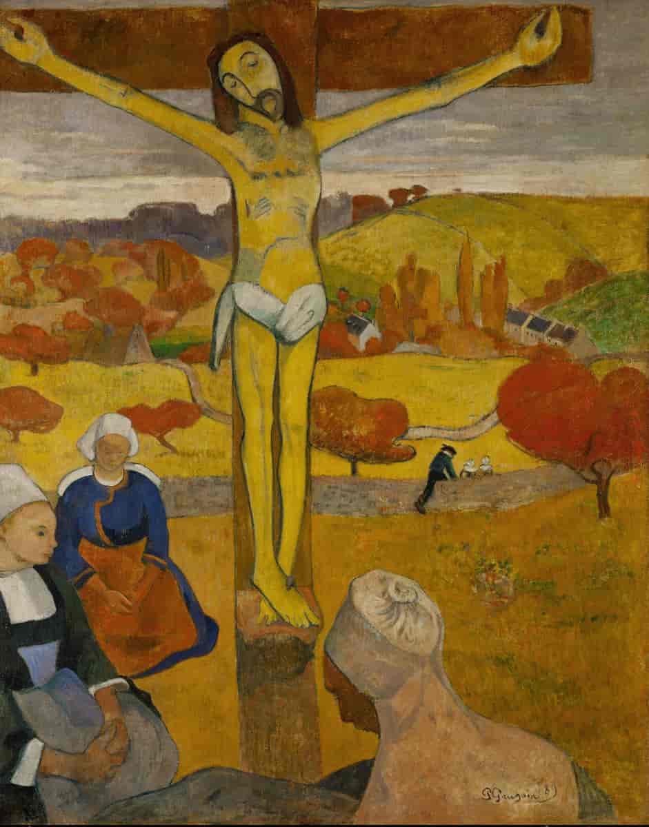 Maleri av Jesus som henger på korset. På bakken sitter noen kvinner med bøyd hode. Landskapet rundt er gult, med røde og oransje trær.