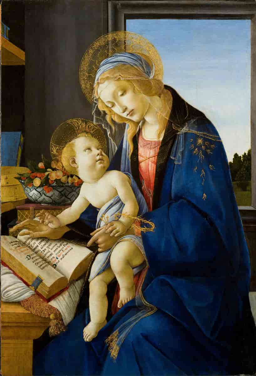 Maleri av en baby på fanget til en kvinne i blå kjole. Begge har en gyllen glorie rundt hodet. På bordet foran kvinnen ligger en tykk bok oppslått.
