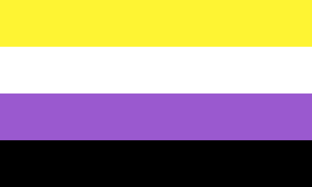 Flagg med fire vannrette striper. Den øverste stripa er gul, så hvit, lilla og svart